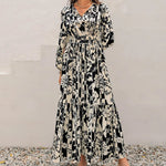 Smocked Printed Tie Neck Long Sleeve Dress -runwayfashionista.com