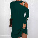 Long Sleeve Metal Buckle Halter Neck Casual Mini Dress - green