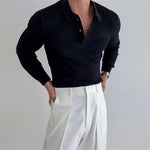 Men's Ribbed Long Sleeve Knit Polo Shirt - black