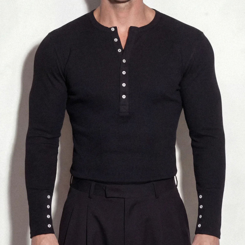 Black Henley Neck Ribbed Slim Fit Long Sleeve Knit Top