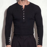 Black Henley Neck Ribbed Slim Fit Long Sleeve Knit Top