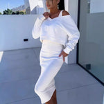 V-neck Pullover Sweatshirt And Sleeveless Dress Set - white
