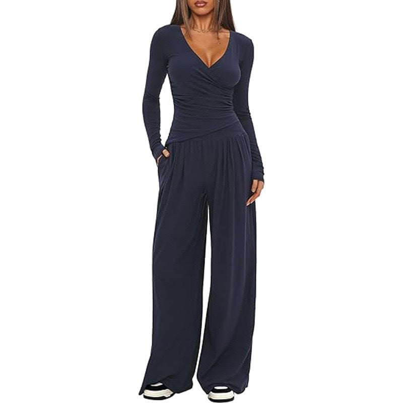 Top And Wide-leg Pants Set - nav blue