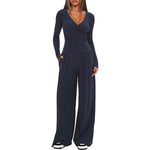 Top And Wide-leg Pants Set - nav blue