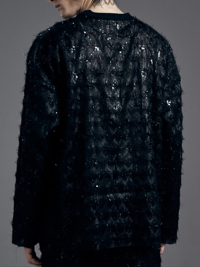 Mesh See-through Sequined Long-sleeved Top