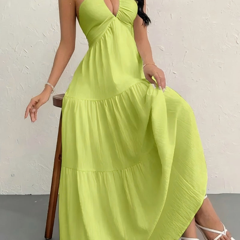Backless Halterneck V-Neck Pleated A- Line Midi Dress - fluorescent green