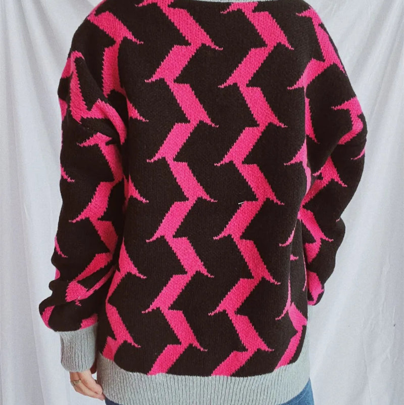 Contrast Trim Geometric V-Neck Long Sleeve Cardigan - runwayfashionista.com