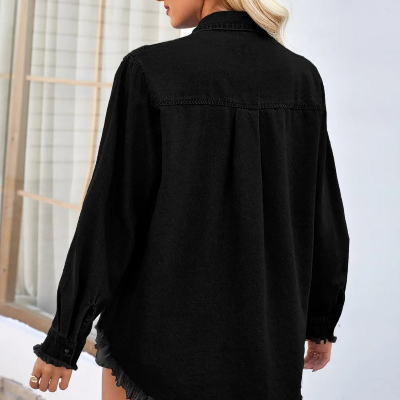 Raw Hem Button Up Long Sleeve Denim Jacket -runwayfashionista.com