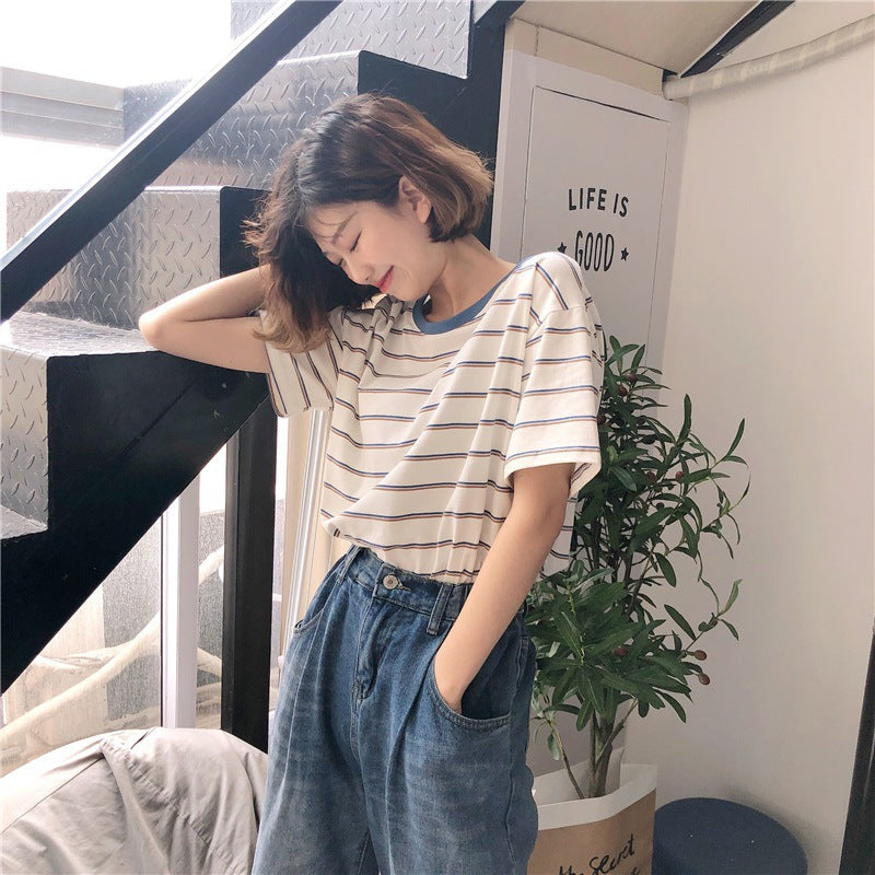 Academy Style Loose Slim Fit Blue Striped Top