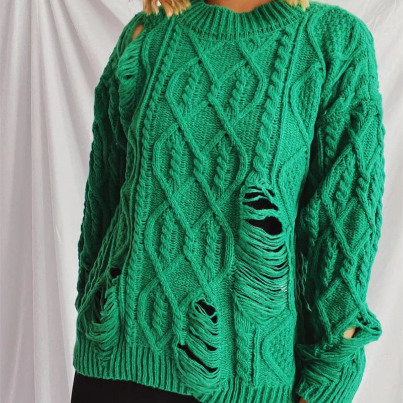 Distressed Cable-Knit Round Neck Long Sleeve Sweater -runwayfashionista.com