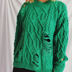 Distressed Cable-Knit Round Neck Long Sleeve Sweater -runwayfashionista.com