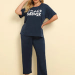 Plus Size PEACE FOREVER Dark Blue Short Sleeve Top & Pants Set - runwayfashionista.com