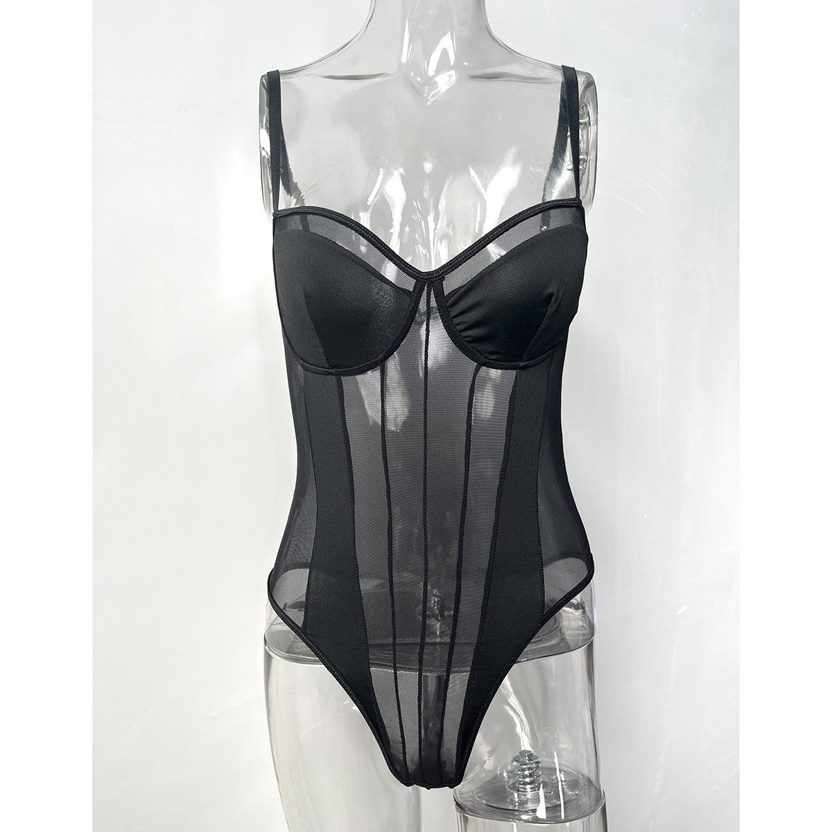 See-Through Backless Lace Fishbone Stitching Bodysuit - runwayfashionista.com