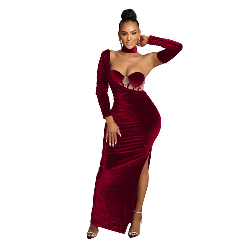 Strapless Long Sleeve Maxi Dress - Wine Red