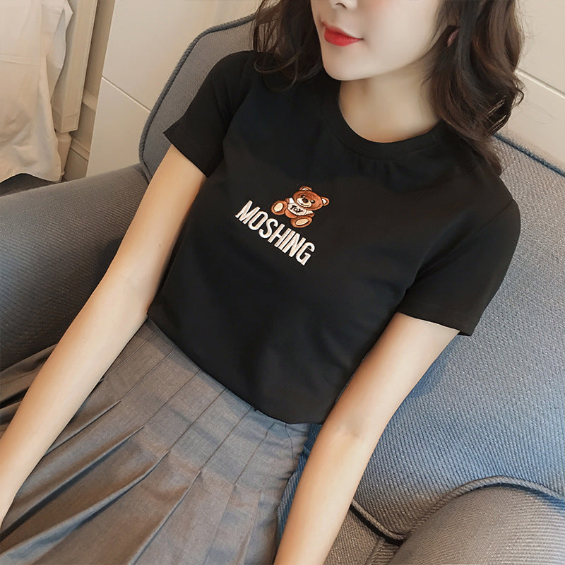 Cute Round Neck Print Tee - Straight Cut - black