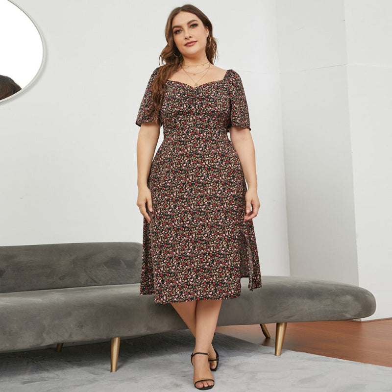 Square Neck Waist Open Long Floral Dresses