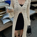 Apricot, Coffee, or Wine Red hollow out horn sleeve woolen cardigan with V-neck, long flared sleeves, high waist, and button-up front. Made of cotton, available in sizes S-L.