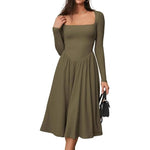 Square Neck Long Sleeve Pleated Midi Dress - army green