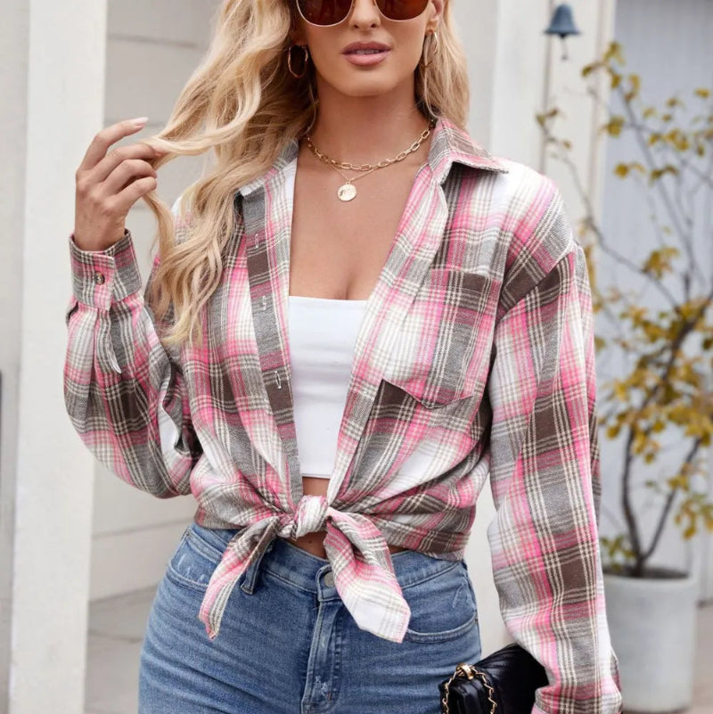 Plaid Collared Neck Long Sleeve Shirt - runwayfashionista.com