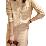 Textured Button-Front Jacket and Skirt Set - beige