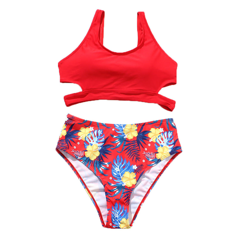Cutout Crop Top Tropical Print High-Waist Bikini Set - red