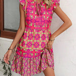 V-Neck Lace-up Straight Dresses - rose red