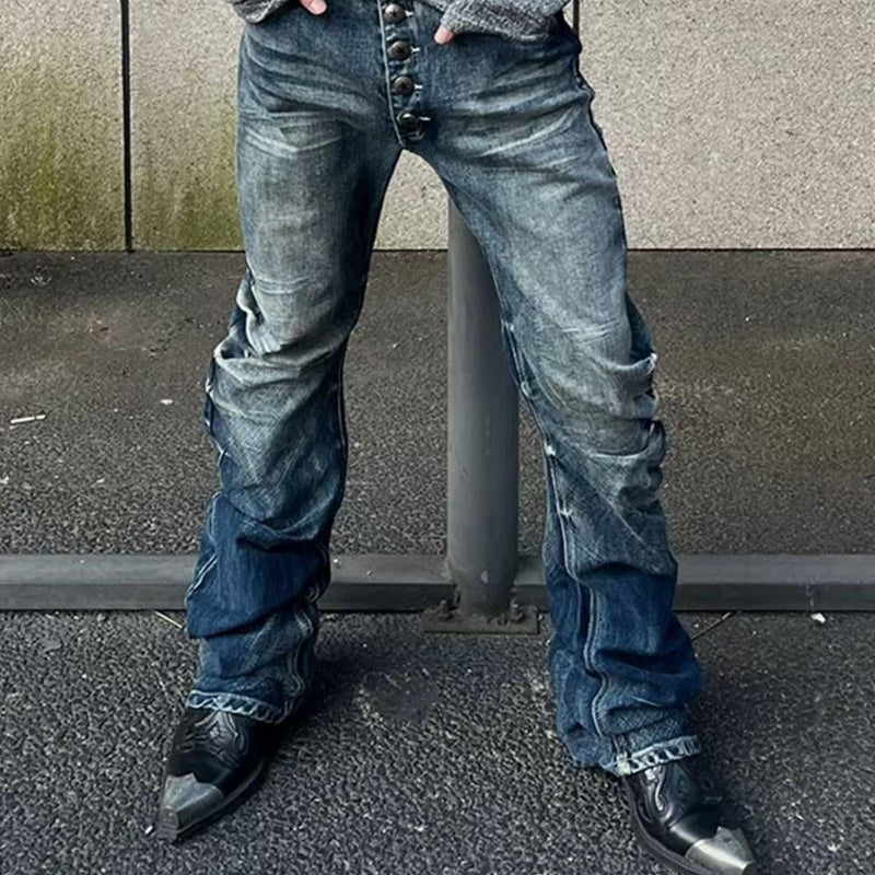 Men's Retro Acid-Washed Exposed Button-Fly Relaxed Bootcut Full-Length Denim Jeans