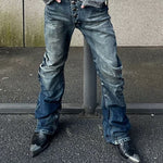 Men's Retro Acid-Washed Exposed Button-Fly Relaxed Bootcut Full-Length Denim Jeans