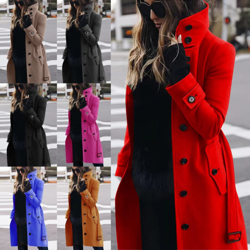 Single Breasted Stand Collar Woolen Coat - red