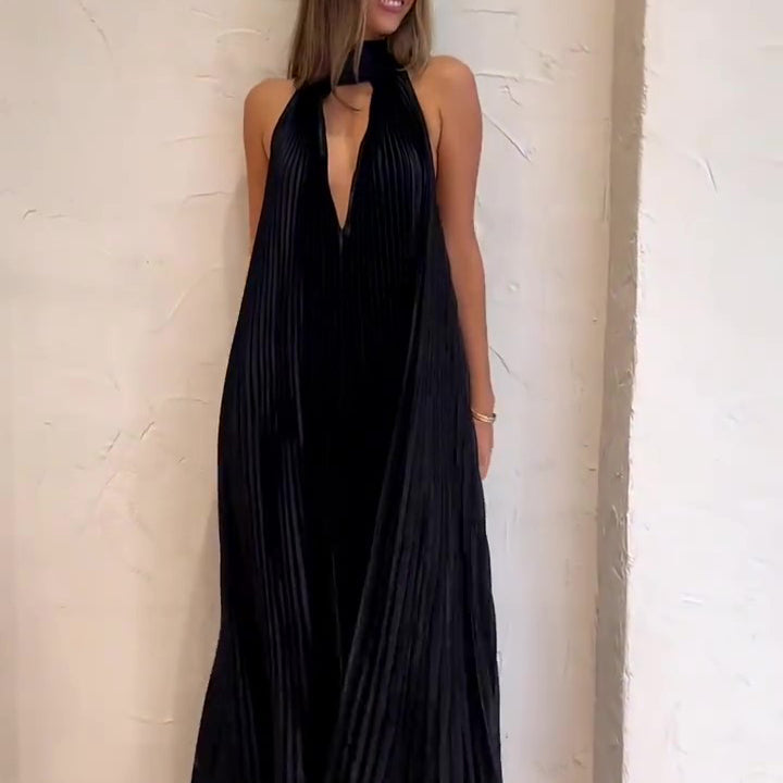Black V-Neck Pressed Pleated Maxi Dress