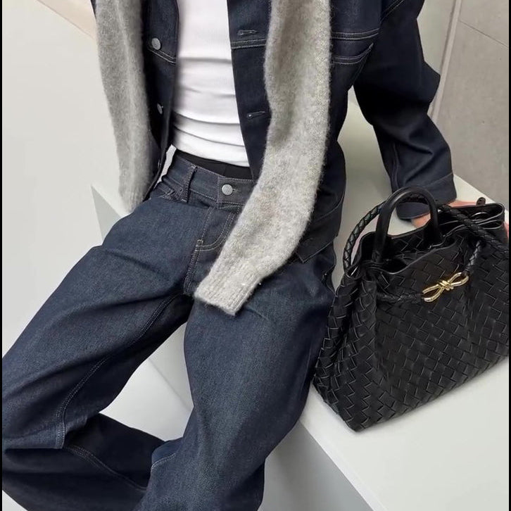 Dark Denim Oversized Jacket And Wide-Leg Pants Set