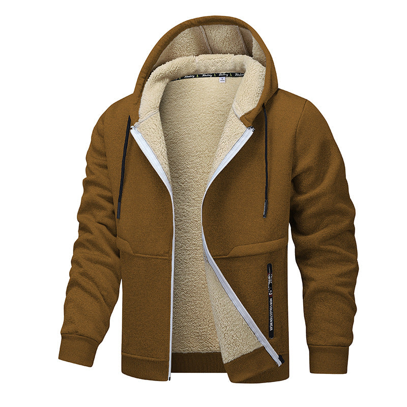 Thick Sherpa Lined Hooded Zipper Jacket - brown