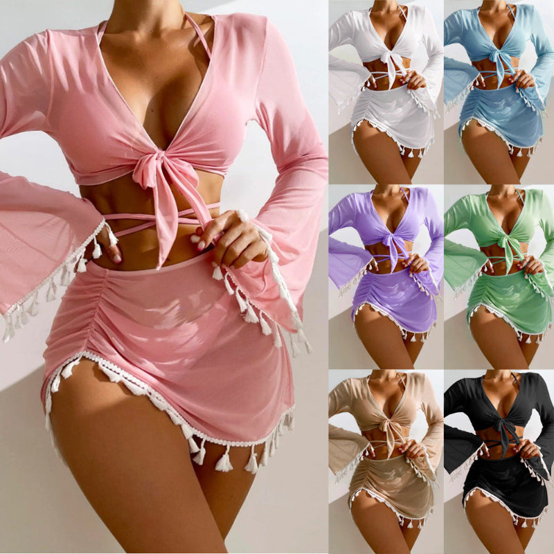 Boho Tassel-Trim Deep-V Tie-Front Flare-Sleeve Crop Top, Ruched Mini Skirt & Bikini 3-Piece Beach Set