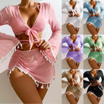 Boho Tassel-Trim Deep-V Tie-Front Flare-Sleeve Crop Top, Ruched Mini Skirt & Bikini 3-Piece Beach Set