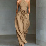 Linen Cross-Strap Wide-Leg Jumpsuit - haki