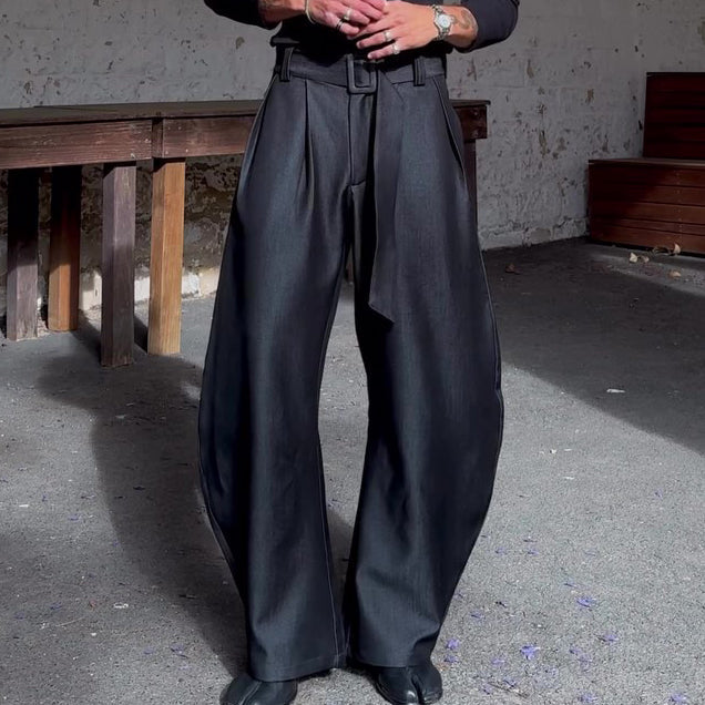 Chic Black Oversized Wide-Leg Pants With High-Waisted Belt