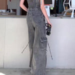 Denim Tube Top Single-breasted Jumpsuit