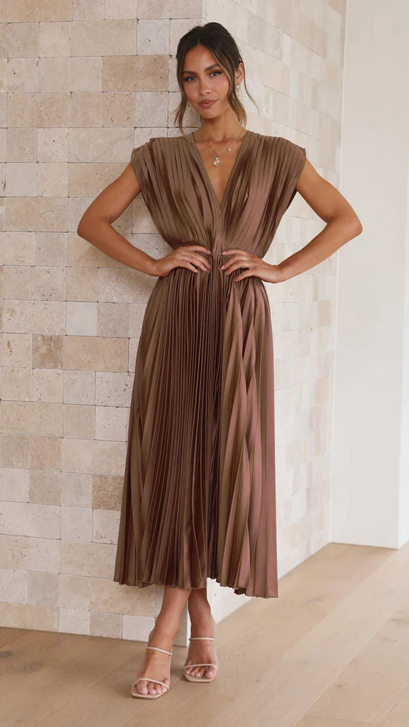 V-neck Pleated Midi Dress
