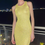Sequin Sleeveless Knitted U-neck Maxi Dress - yellow