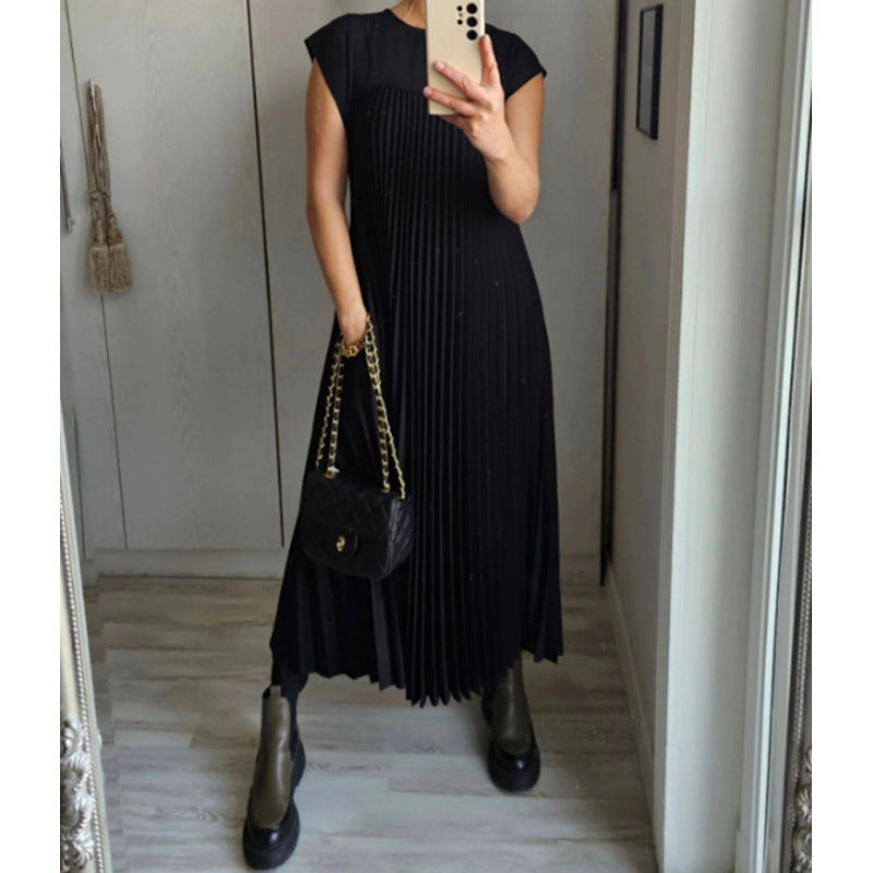 Short Sleeve Pleated Midi Dress - black