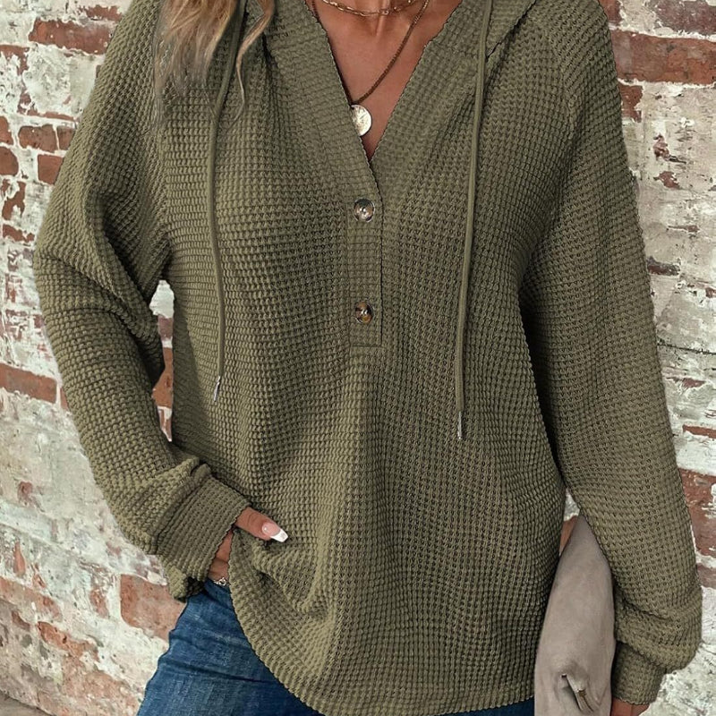 Long-sleeved Drawstring V-neck Hooded Sweater - khaki