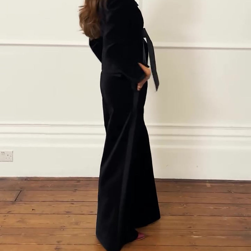 Black Velvet Bow Jacket & Wide-leg Pants Suit