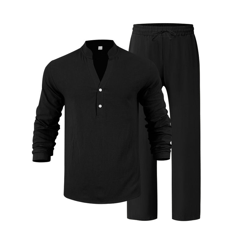 V-Neck Shirt And Long Pants Set - black