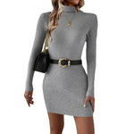 Ribbed Mock-Neck Long-Sleeve Body-Con Mini Dress