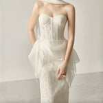 Cream Floral Lace Strapless Sweetheart Corset-Boned Detachable Asymmetric Ruffle-Overlay Midi Dress