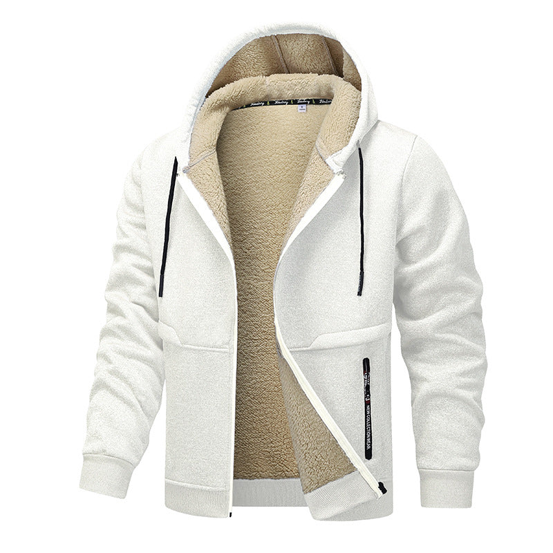 Thick Sherpa Lined Hooded Zipper Jacket - white