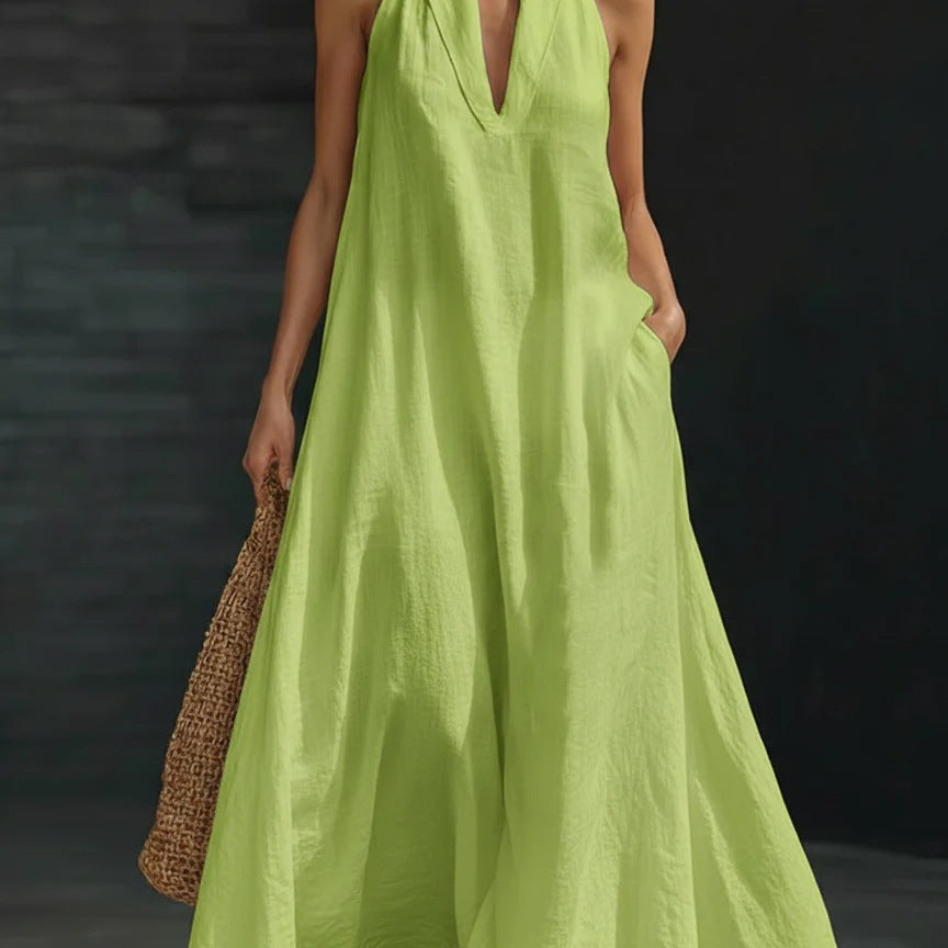 V-neck A-line Maxi Dress - light green