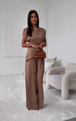 Irregular Split Top And Straight Pants Set - brown