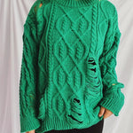 Distressed Cable-Knit Round Neck Long Sleeve Sweater -runwayfashionista.com