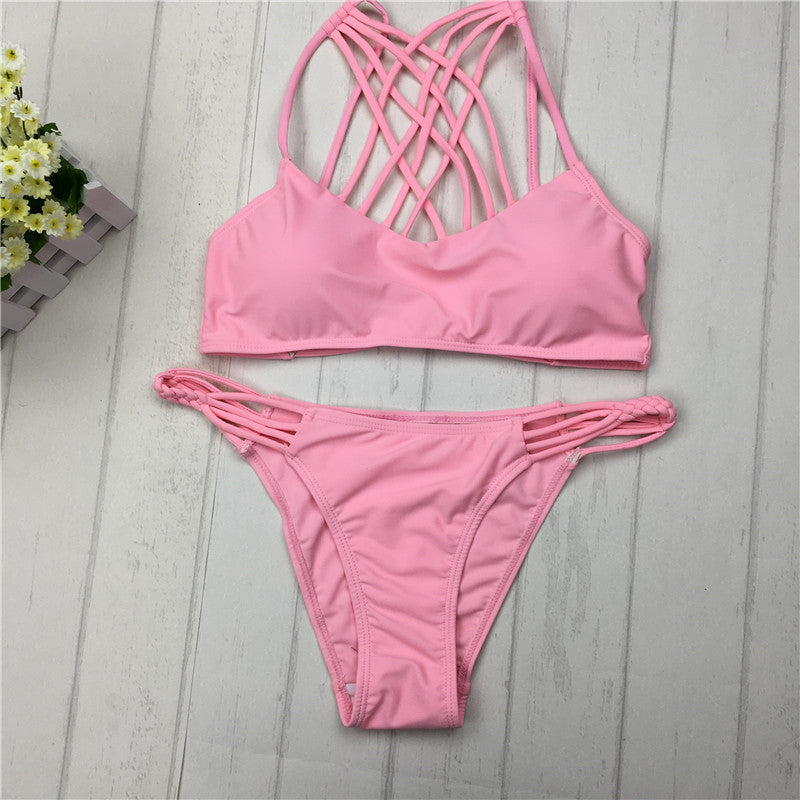 Cross-Strap Halter Bikini Set - pink